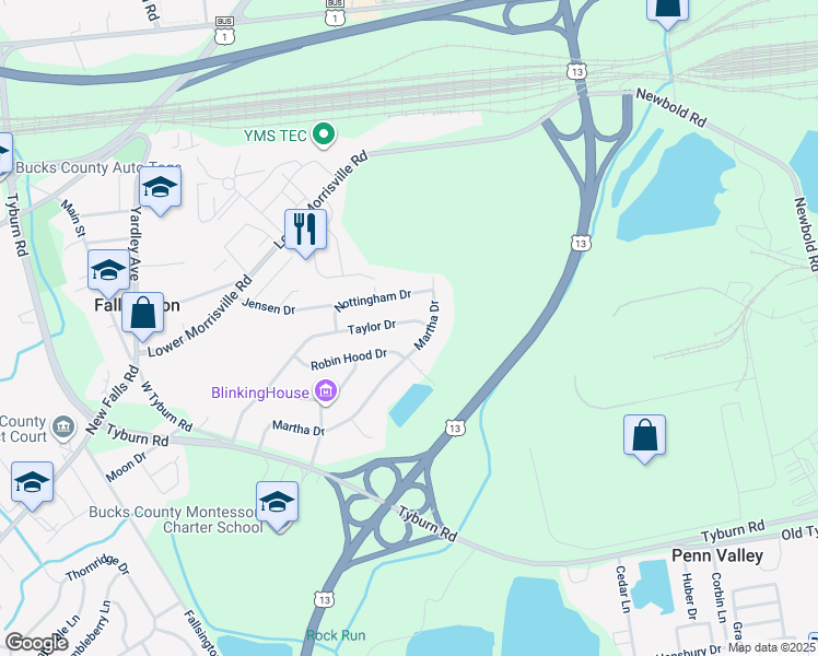 map of restaurants, bars, coffee shops, grocery stores, and more near 112 Taylor Drive in Levittown