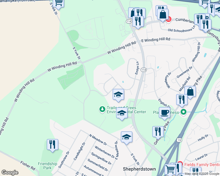 map of restaurants, bars, coffee shops, grocery stores, and more near 104 Lavynndon Lane in Mechanicsburg