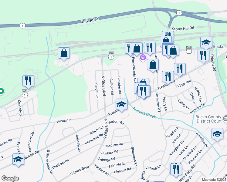 map of restaurants, bars, coffee shops, grocery stores, and more near 232 Guilford Road in Fairless Hills