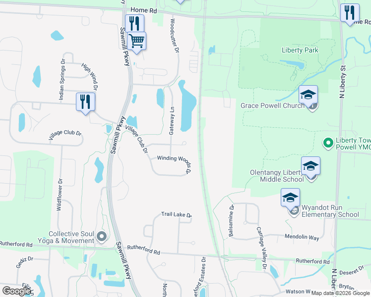 map of restaurants, bars, coffee shops, grocery stores, and more near 3349 Windy Forest Lane in Powell