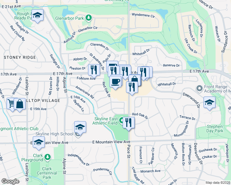 map of restaurants, bars, coffee shops, grocery stores, and more near 1611 Pace Street in Longmont