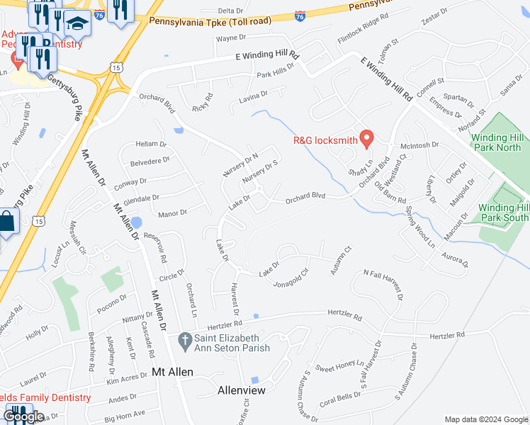 map of restaurants, bars, coffee shops, grocery stores, and more near 1832 Vista Drive in Mechanicsburg