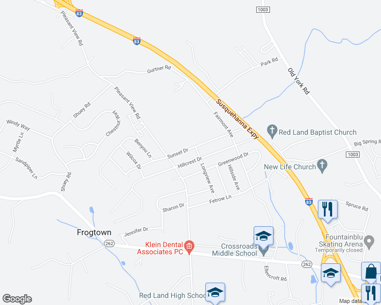 map of restaurants, bars, coffee shops, grocery stores, and more near 204 Sunset Drive in New Cumberland
