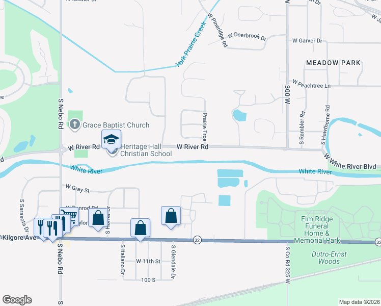 map of restaurants, bars, coffee shops, grocery stores, and more near 5501 West River Road in Muncie