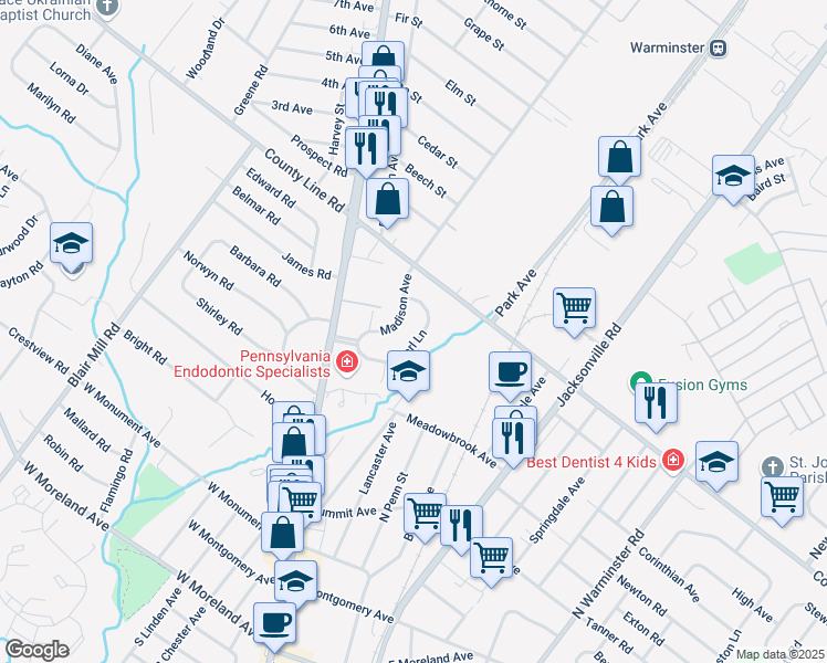 map of restaurants, bars, coffee shops, grocery stores, and more near 149 Earl Lane in Hatboro