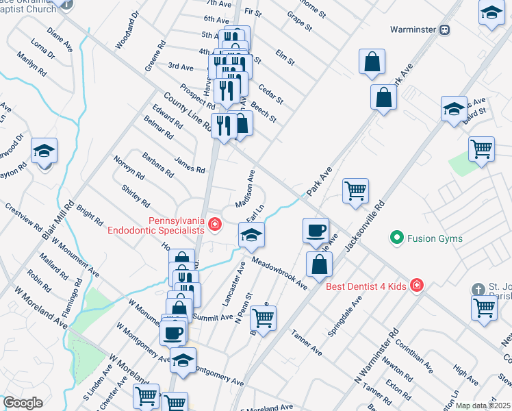 map of restaurants, bars, coffee shops, grocery stores, and more near 149 Earl Lane in Hatboro