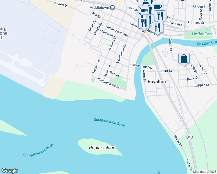 map of restaurants, bars, coffee shops, grocery stores, and more near 98 Susquehanna Street in Middletown
