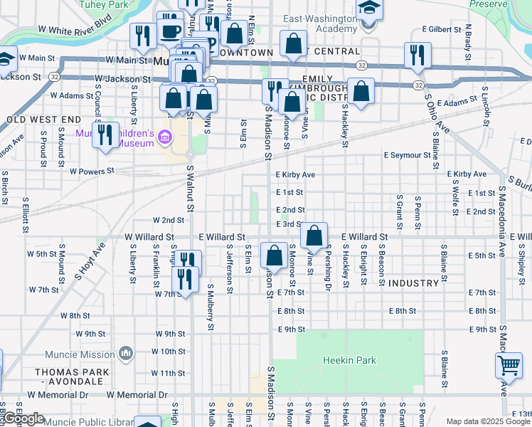 map of restaurants, bars, coffee shops, grocery stores, and more near 903 South Madison Street in Muncie