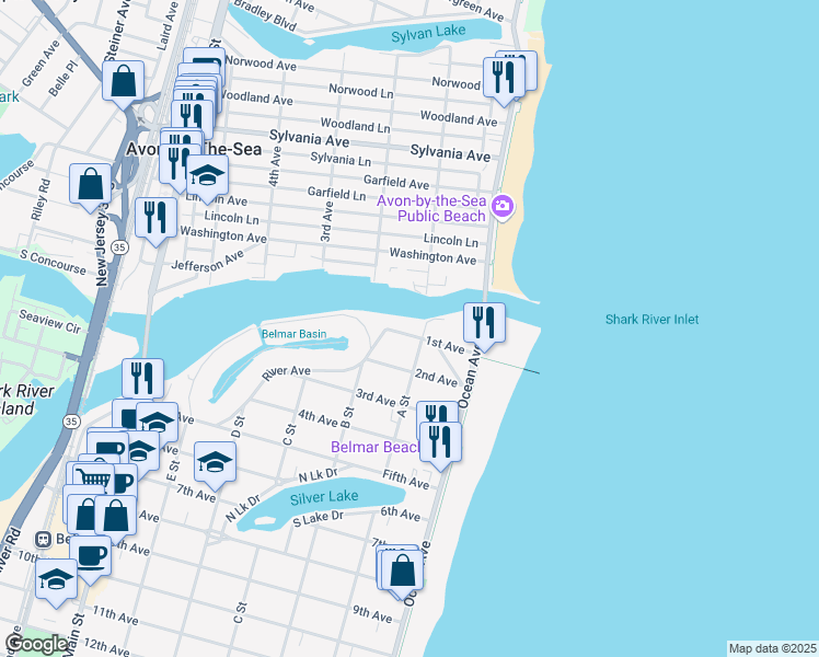 map of restaurants, bars, coffee shops, grocery stores, and more near 202 1st Avenue in Avon-by-the-Sea