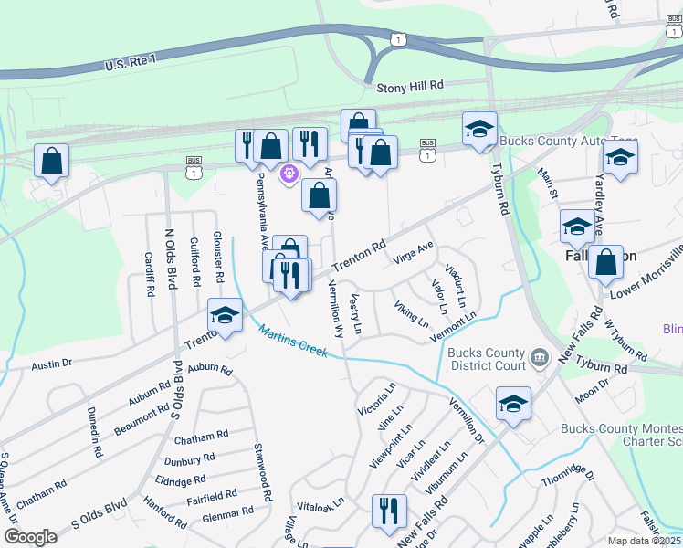 map of restaurants, bars, coffee shops, grocery stores, and more near 5 Vermillion Lane in Levittown