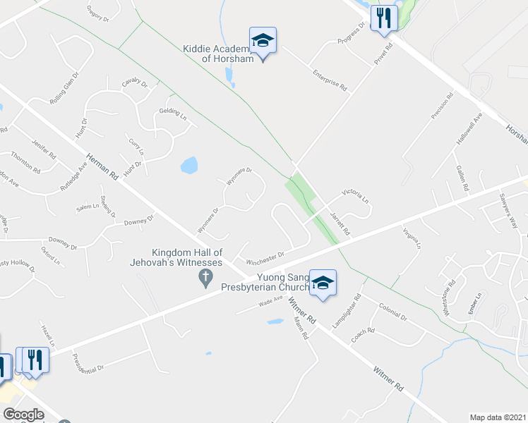 map of restaurants, bars, coffee shops, grocery stores, and more near 267 Winchester Drive in Horsham