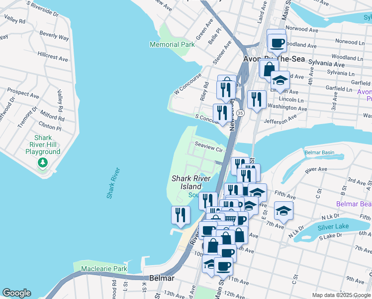 map of restaurants, bars, coffee shops, grocery stores, and more near 401 Seaview Circle in Neptune City