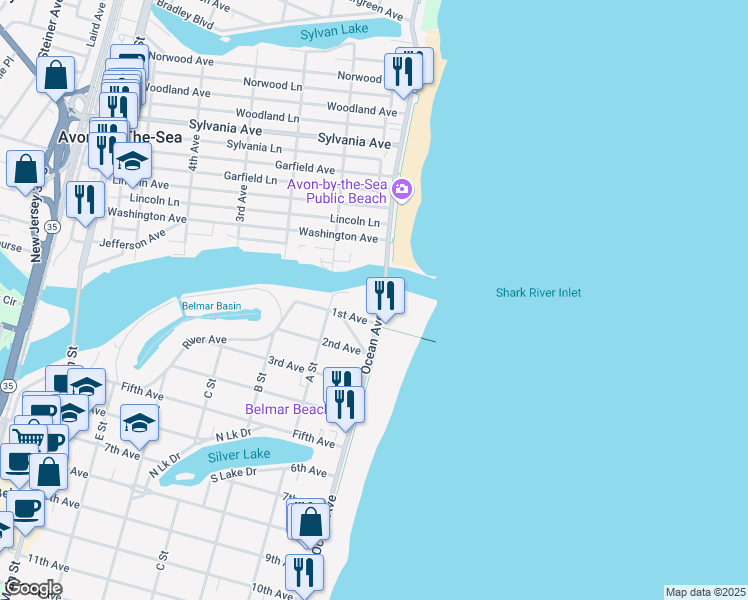 map of restaurants, bars, coffee shops, grocery stores, and more near 3 Ocean Avenue in Belmar