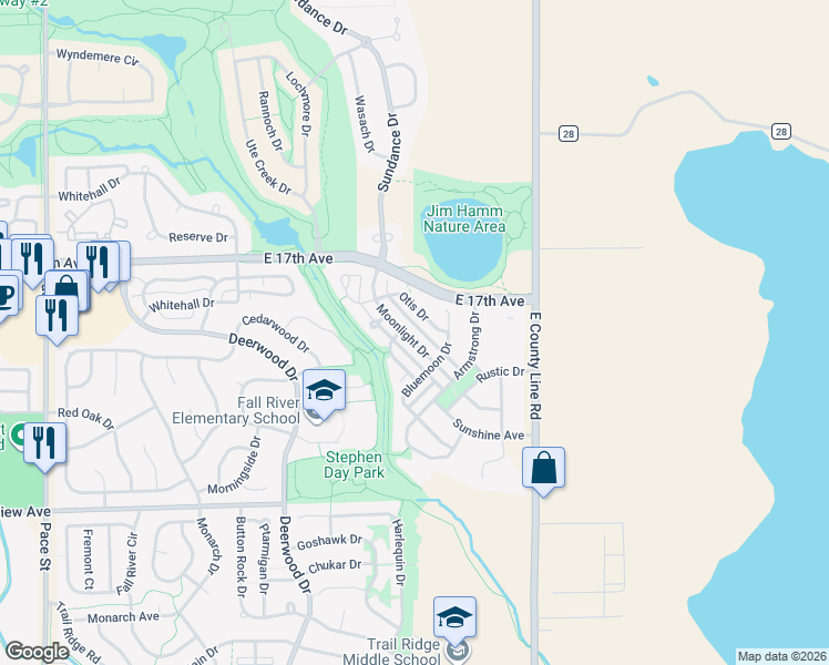 map of restaurants, bars, coffee shops, grocery stores, and more near 1478 Moonlight Drive in Longmont