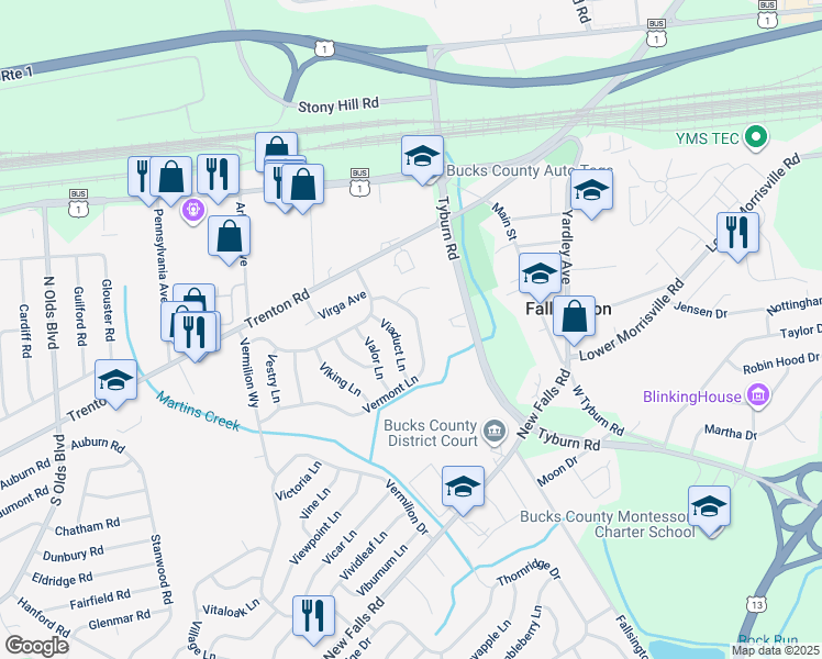 map of restaurants, bars, coffee shops, grocery stores, and more near 115 Vermont Lane in Levittown
