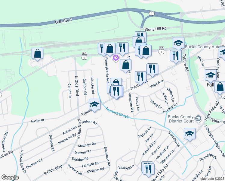 map of restaurants, bars, coffee shops, grocery stores, and more near 50 Avenrowe Court in Fairless Hills