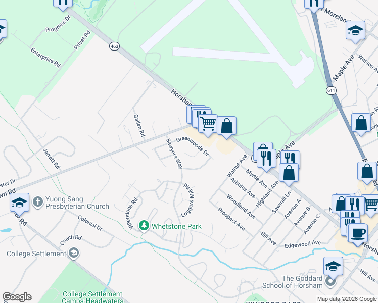 map of restaurants, bars, coffee shops, grocery stores, and more near 12 Beaver Hill Road in Horsham
