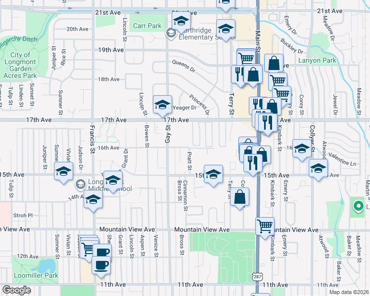 map of restaurants, bars, coffee shops, grocery stores, and more near 951 17th Avenue in Longmont