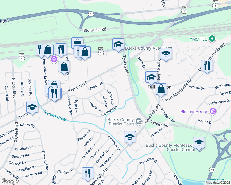 map of restaurants, bars, coffee shops, grocery stores, and more near 115 Vermont Lane in Levittown