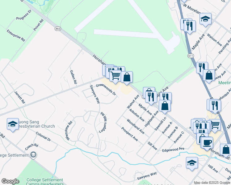 map of restaurants, bars, coffee shops, grocery stores, and more near 13 Greenwoods Drive in Horsham
