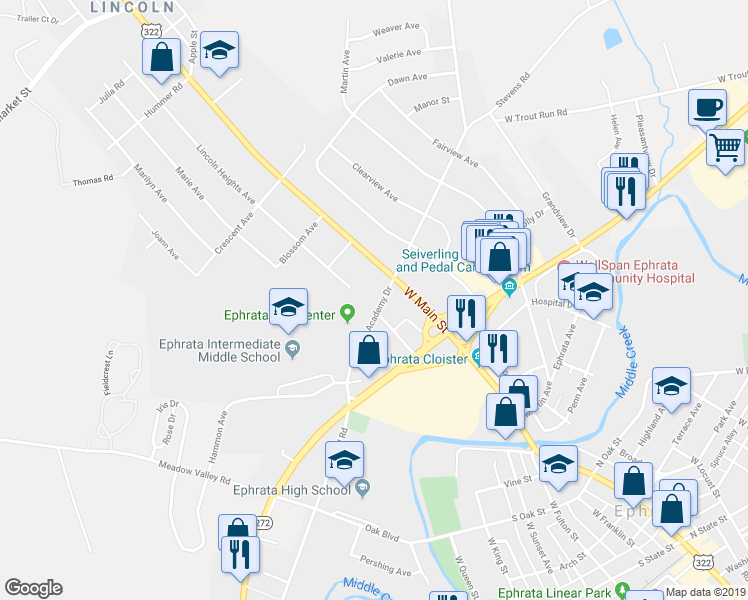 map of restaurants, bars, coffee shops, grocery stores, and more near 32 South Academy Drive in Ephrata