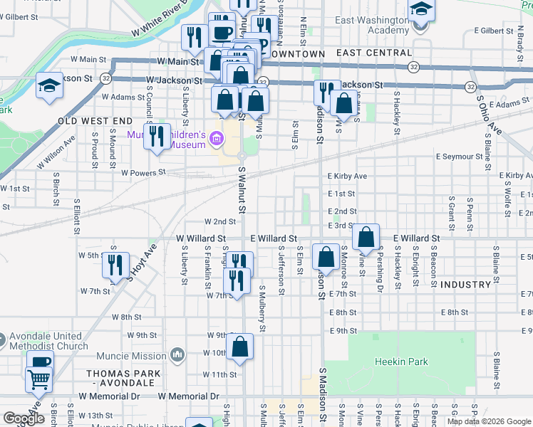 map of restaurants, bars, coffee shops, grocery stores, and more near 905 South Jefferson Street in Muncie
