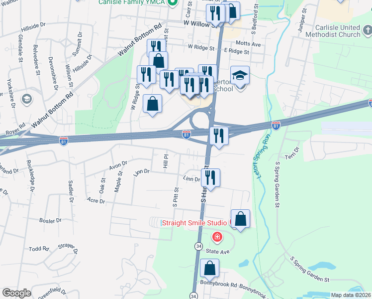 map of restaurants, bars, coffee shops, grocery stores, and more near 79 Garland Drive in Carlisle