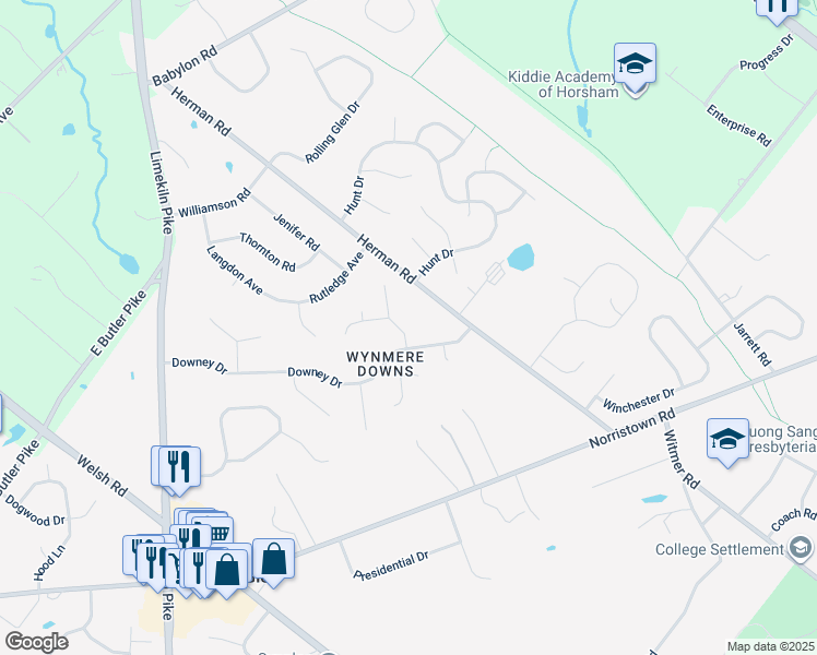map of restaurants, bars, coffee shops, grocery stores, and more near 1 Sterling Drive in Horsham