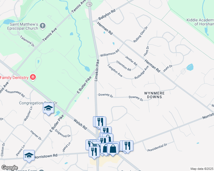 map of restaurants, bars, coffee shops, grocery stores, and more near 12 Danbridge Drive in Horsham