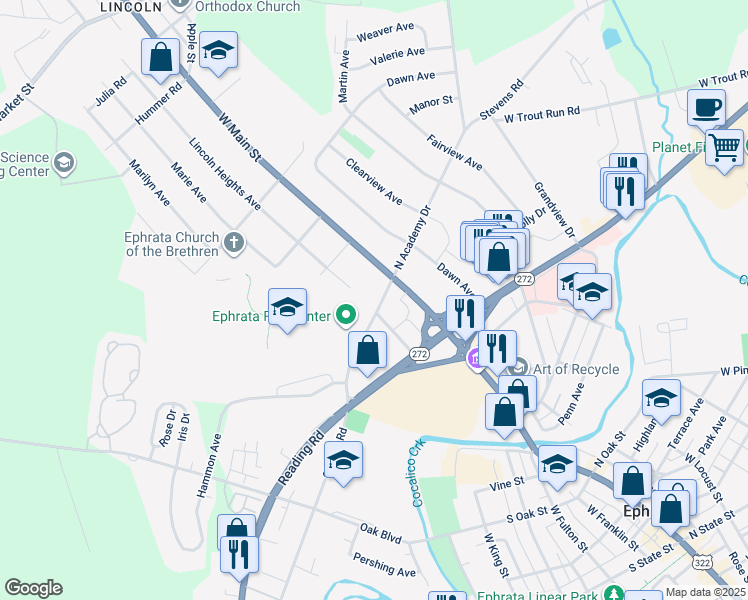 map of restaurants, bars, coffee shops, grocery stores, and more near 32 South Academy Drive in Ephrata