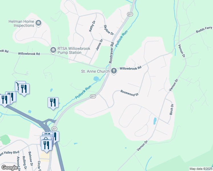 map of restaurants, bars, coffee shops, grocery stores, and more near 1842 Rostraver Road in Belle Vernon