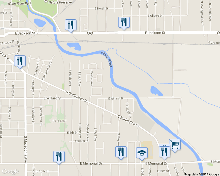 map of restaurants, bars, coffee shops, grocery stores, and more near 1-99 South Drive in Muncie