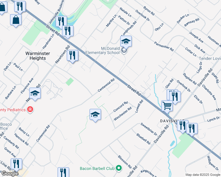 map of restaurants, bars, coffee shops, grocery stores, and more near 511 Winding Way in Warminster
