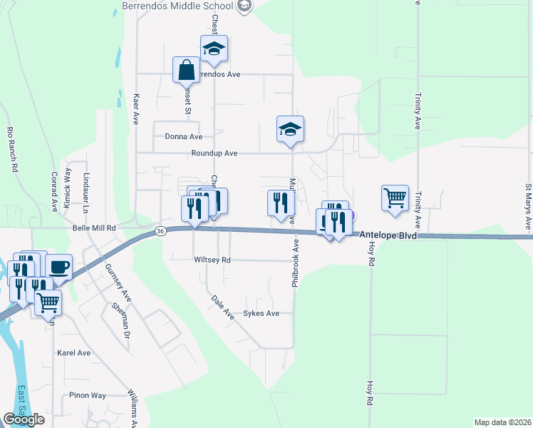 map of restaurants, bars, coffee shops, grocery stores, and more near 550 Antelope Boulevard in Red Bluff