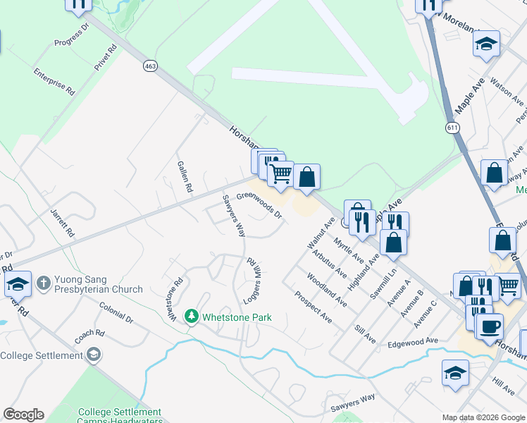 map of restaurants, bars, coffee shops, grocery stores, and more near 12 Beaver Hill Road in Horsham