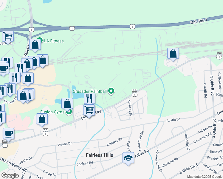 map of restaurants, bars, coffee shops, grocery stores, and more near 231 U.S. 1 Business in Penndel