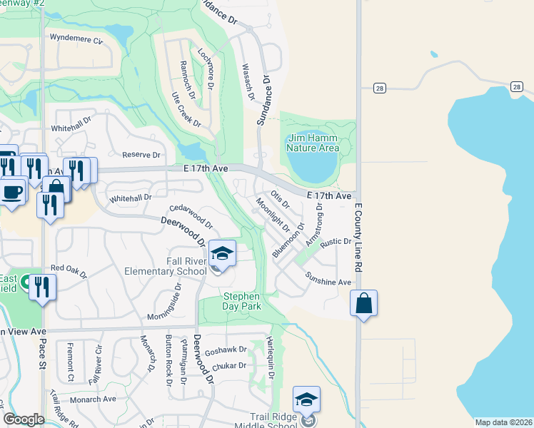 map of restaurants, bars, coffee shops, grocery stores, and more near 1478 Moonlight Drive in Longmont
