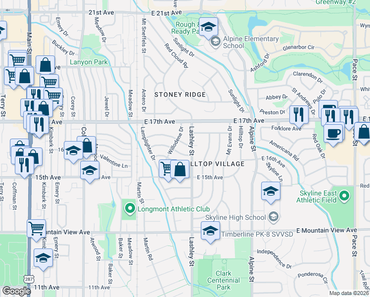 map of restaurants, bars, coffee shops, grocery stores, and more near 1547 Lashley Street in Longmont