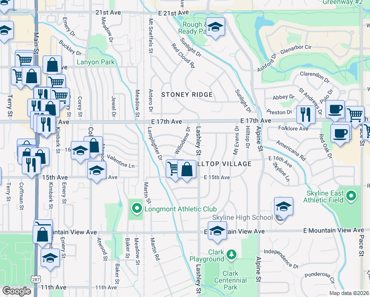 map of restaurants, bars, coffee shops, grocery stores, and more near 1560 Willodene Drive in Longmont
