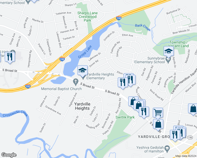 map of restaurants, bars, coffee shops, grocery stores, and more near 19 Amsterdam Road in Hamilton Township