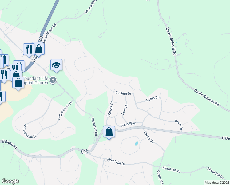 map of restaurants, bars, coffee shops, grocery stores, and more near 1008 Balsam Drive in Washington