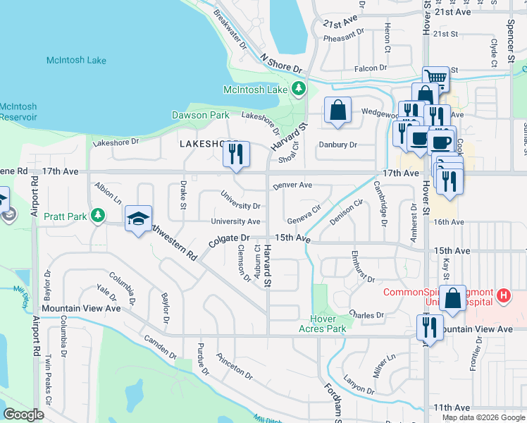 map of restaurants, bars, coffee shops, grocery stores, and more near 2906 University Avenue in Longmont