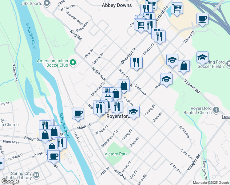 map of restaurants, bars, coffee shops, grocery stores, and more near 25 North 5th Avenue in Royersford
