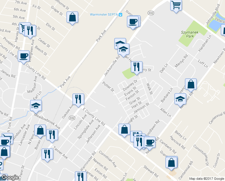 map of restaurants, bars, coffee shops, grocery stores, and more near 3 Potter Street in Warminster