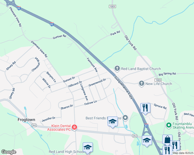 map of restaurants, bars, coffee shops, grocery stores, and more near 102 Hillcrest Drive in New Cumberland