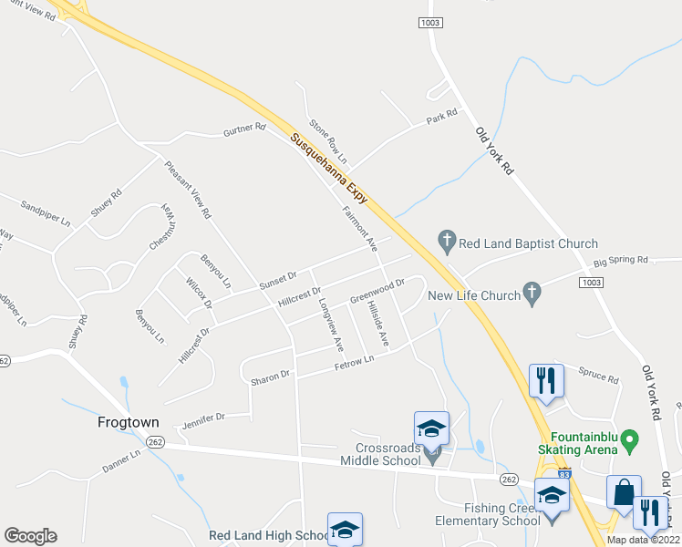 map of restaurants, bars, coffee shops, grocery stores, and more near 111 Hillcrest Drive in New Cumberland