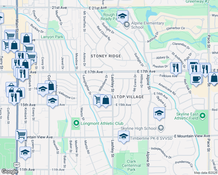 map of restaurants, bars, coffee shops, grocery stores, and more near 1547 Lashley Street in Longmont