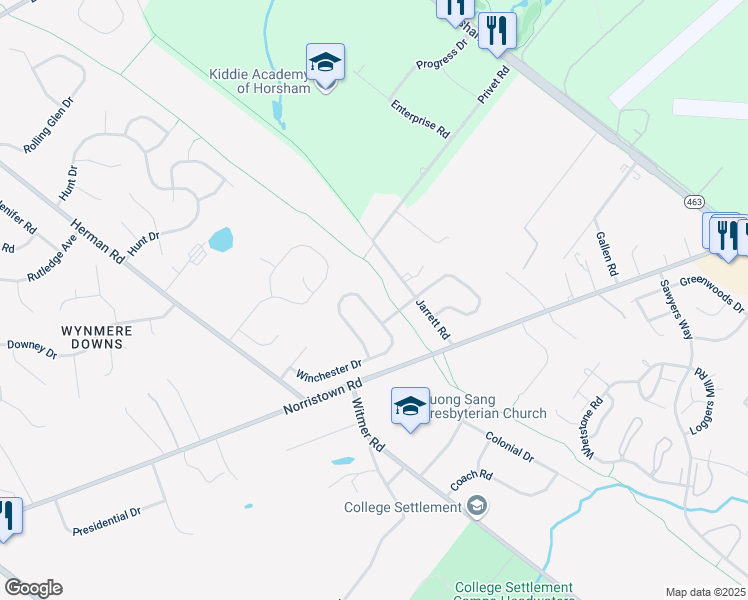map of restaurants, bars, coffee shops, grocery stores, and more near 249 Winchester Drive in Horsham