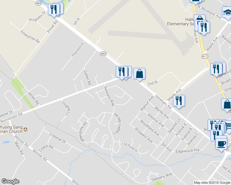 map of restaurants, bars, coffee shops, grocery stores, and more near 18 Beaver Hill Road in Horsham