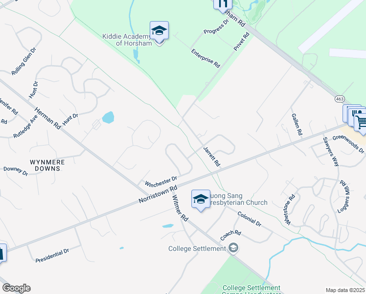 map of restaurants, bars, coffee shops, grocery stores, and more near 249 Winchester Drive in Horsham